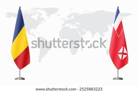 Romania and Wallis and Futuna flags for official meeting against background of world map.