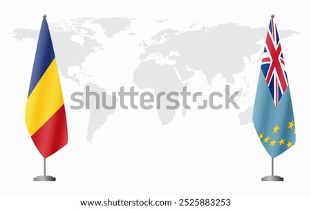 Romania and Tuvalu flags for official meeting against background of world map.