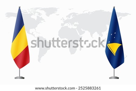 Romania and Tokelau flags for official meeting against background of world map.