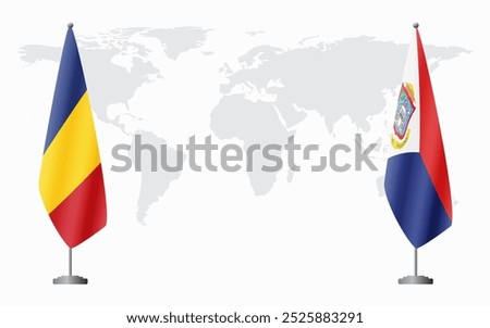 Romania and Sint Maarten flags for official meeting against background of world map.