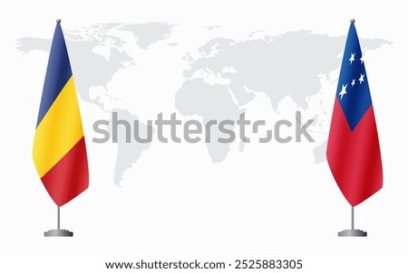 Romania and Samoa flags for official meeting against background of world map.