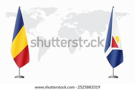 Romania and Saint Martin flags for official meeting against background of world map.