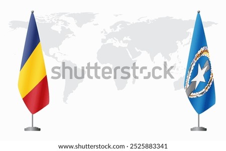 Romania and Northern Mariana Islands flags for official meeting against background of world map.