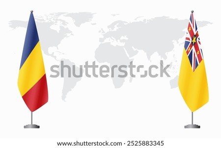 Romania and Niue flags for official meeting against background of world map.