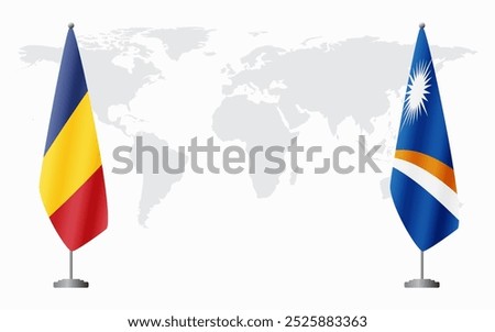 Romania and Marshall Islands flags for official meeting against background of world map.