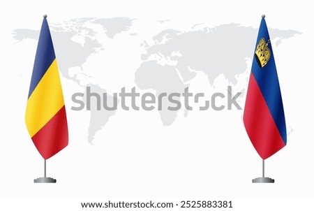 Romania and Liechtenstein flags for official meeting against background of world map.