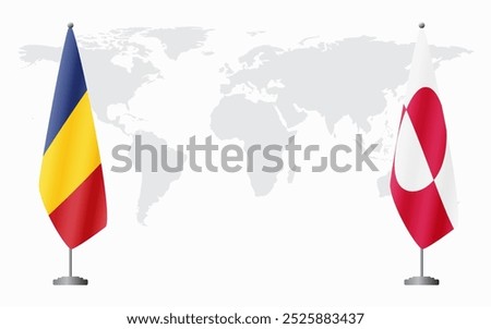 Romania and Greenland flags for official meeting against background of world map.