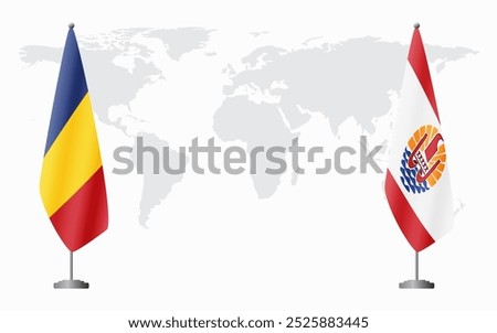 Romania and French Polynesia flags for official meeting against background of world map.