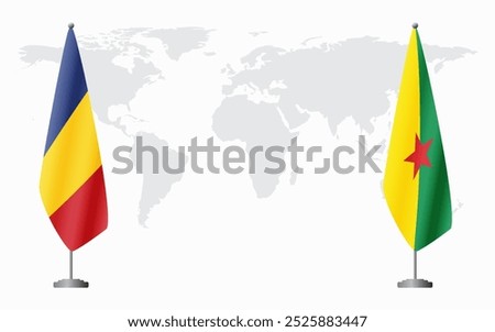 Romania and French Guiana flags for official meeting against background of world map.