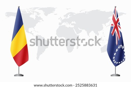 Romania and Cook Islands flags for official meeting against background of world map.