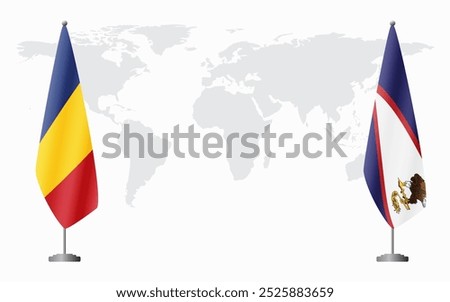 Romania and American Samoa flags for official meeting against background of world map.