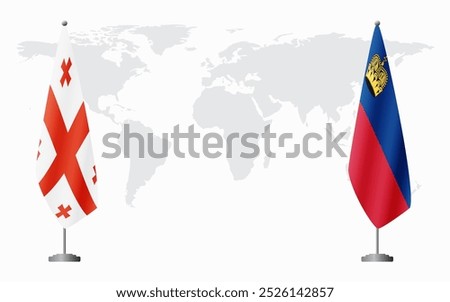 Georgia and Liechtenstein flags for official meeting against background of world map.