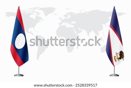 Laos and American Samoa flags for official meeting against background of world map.