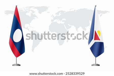 Laos and Saint Martin flags for official meeting against background of world map.