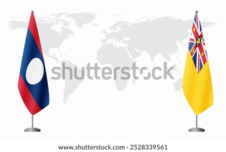 Laos and Niue flags for official meeting against background of world map.