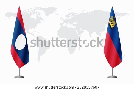 Laos and Liechtenstein flags for official meeting against background of world map.