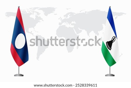 Laos and Lesotho flags for official meeting against background of world map.