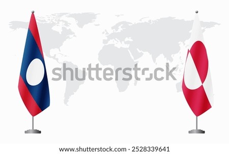 Laos and Greenland flags for official meeting against background of world map.