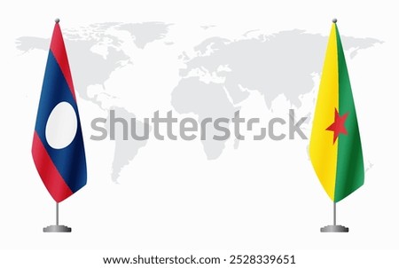 Laos and French Guiana flags for official meeting against background of world map.