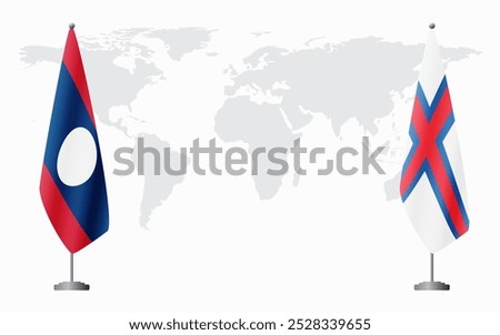 Laos and Faroe Islands flags for official meeting against background of world map.