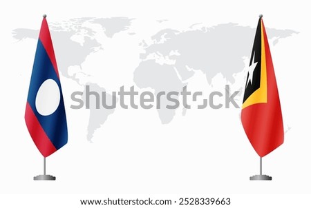 Laos and Timor-Leste flags for official meeting against background of world map.