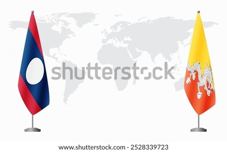 Laos and Bhutan flags for official meeting against background of world map.