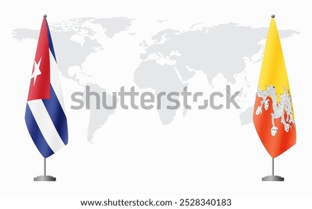 Cuba and Bhutan flags for official meeting against background of world map.