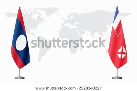 Laos and Wallis and Futuna flags for official meeting against background of world map.