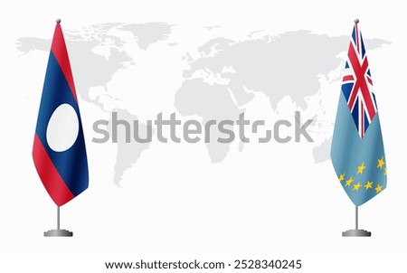 Laos and Tuvalu flags for official meeting against background of world map.