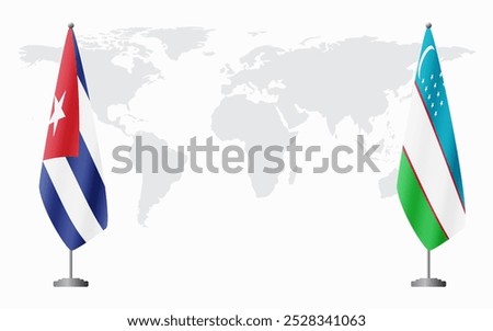 Cuba and Uzbekistan flags for official meeting against background of world map.