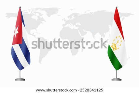 Cuba and Tajikistan flags for official meeting against background of world map.