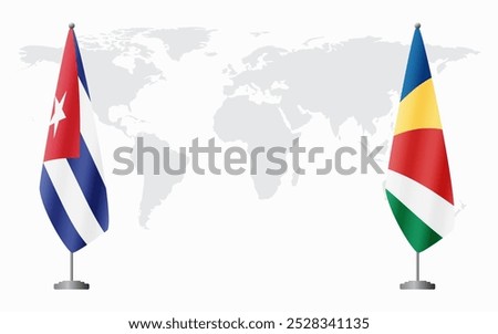 Cuba and Seychelles flags for official meeting against background of world map.