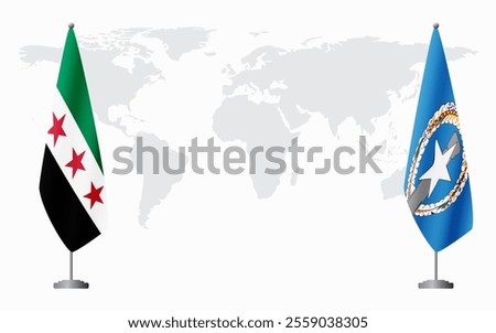 Syrian Revolution and Northern Mariana Islands flags for official meeting against background of world map.