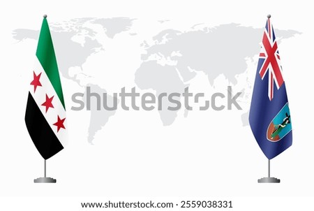 Syrian Revolution and Montserrat flags for official meeting against background of world map.