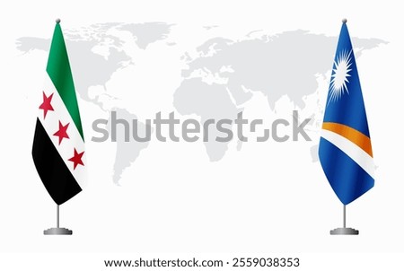 Syrian Revolution and Marshall Islands flags for official meeting against background of world map.