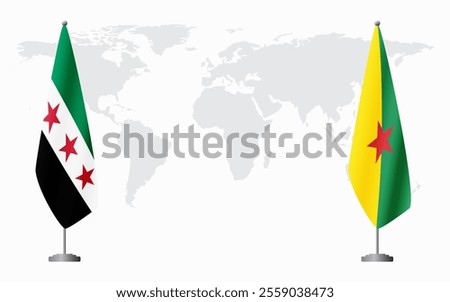 Syrian Revolution and French Guiana flags for official meeting against background of world map.