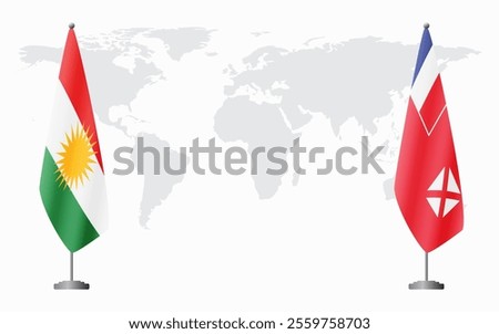 Kurdistan and Wallis and Futuna flags for official meeting against background of world map.