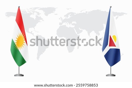 Kurdistan and Saint Martin flags for official meeting against background of world map.