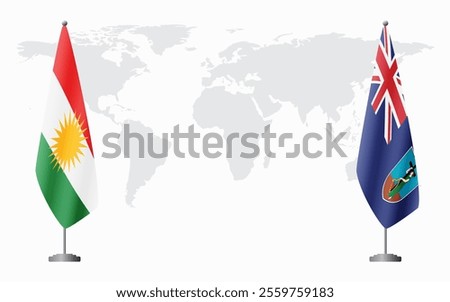 Kurdistan and Montserrat flags for official meeting against background of world map.