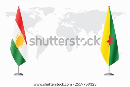 Kurdistan and French Guiana flags for official meeting against background of world map.