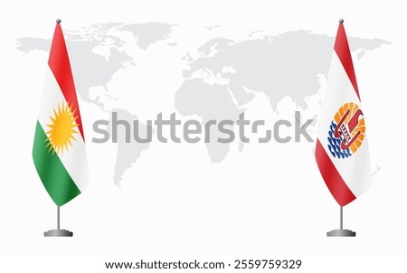 Kurdistan and French Polynesia flags for official meeting against background of world map.