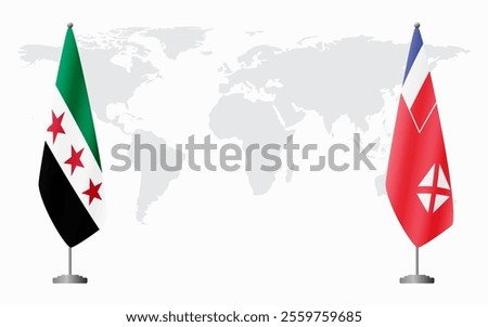 Syrian Revolution and Wallis and Futuna flags for official meeting against background of world map.