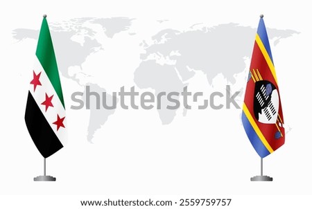 Syrian Revolution and Kingdom of eSwatini - Swaziland flags for official meeting against background of world map.