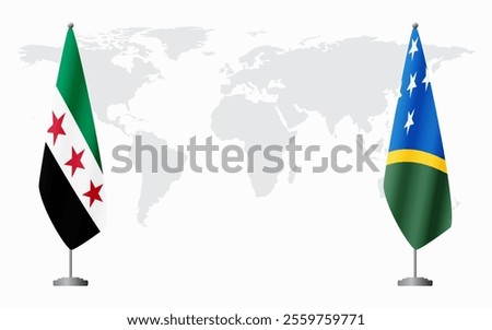 Syrian Revolution and Solomon Islands flags for official meeting against background of world map.