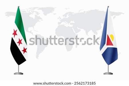 Syrian Revolution and Saint Martin flags for official meeting against background of world map.