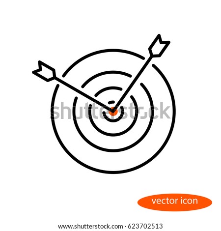 Vector linear image of two arrows sticking out of a target, a flat line icon.