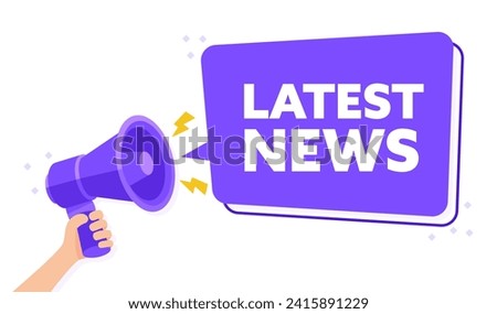 Hand Held Purple Megaphone Broadcasting Latest News in Bold Text Vector Illustration