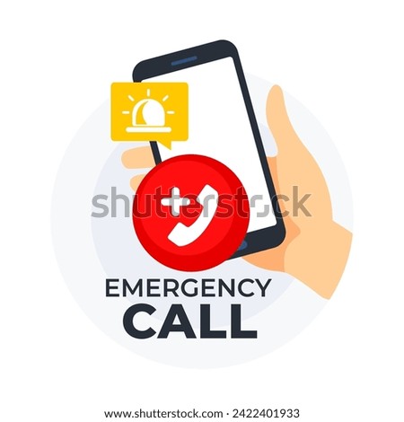 Hand holding a smartphone with an emergency call icon and alert notification symbol