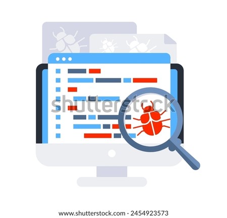 Computer bug detection. Bug error notification. System error warning. Testing software. Magnifier searching malware
