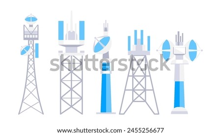 Radio, Mobile tower and antennas. Internet network. Communication towers set. Satellite antenna